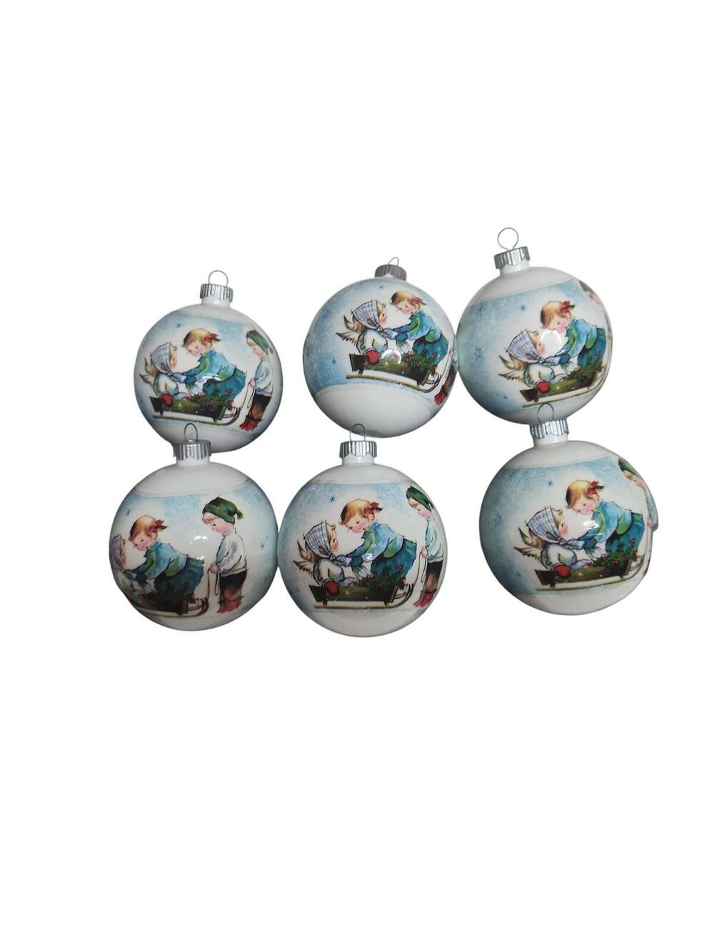 6 Shiny Brite Sleeved Christmas Ornaments Children Sled Snow Winter 1950-60's